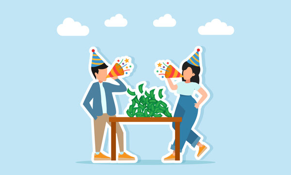 Man and woman wearing party hats blowing trumpets celebrating stack of money on table illustration of celebrating success in gaining business profit