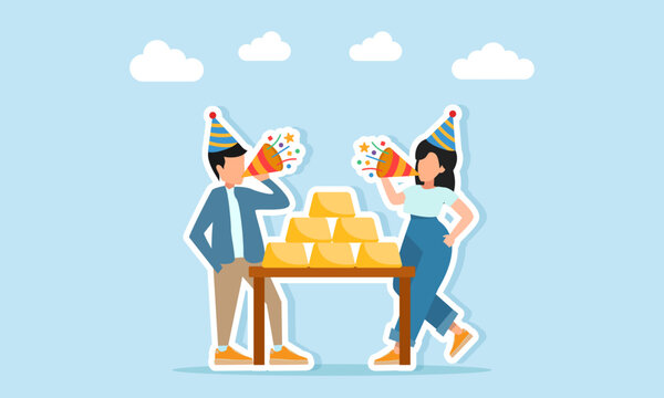 Man and woman wearing party hats blowing trumpets celebrating stack of gold on table illustration of celebrating success in investment