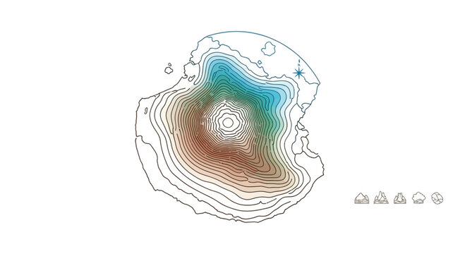 Topographic Map of Island with Elevation Contours and Color Gradient