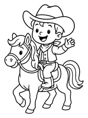 Fototapeta premium Young Cowboy and Pony: A cheerful cowboy rides a friendly pony, ready for an adventure. Capturing the spirit of the Wild West and the bond between a boy and his horse.