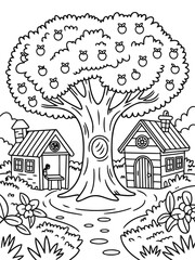 Fototapeta premium Cozy Homes under an Apple Tree: A charming scene of two quaint houses nestled beside a grand apple tree, offering a peaceful rural escape for coloring enthusiasts.
