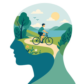 Flat illustration of a man cycling through a scenic nature landscape inside a human head silhouette, symbolizing healthy lifestyle, mental well-being, and eco-friendly transportation on World Bicycle 
