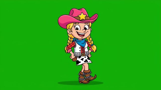 A professional 2D animation of a fair-skinned cowgirl with blonde braids, wearing a pink hat with a star, a cow-print vest, and a blue scarf. The character is performing a lively dance routine on a ch