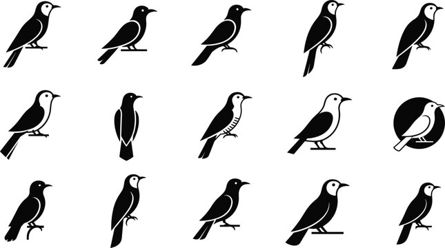 Bird silhouette icons vector set with small perching birds in various poses for minimalist wildlife and nature design