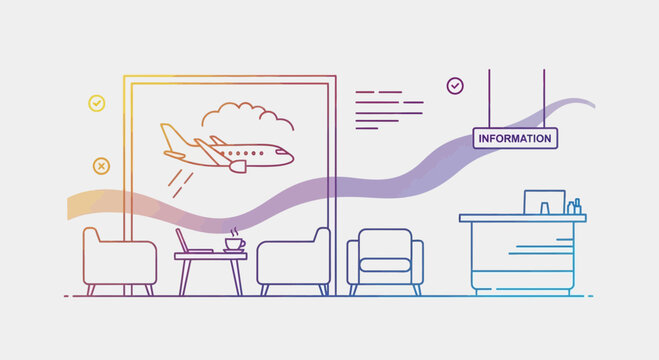 Airport waiting area with information desk, comfortable seating, and airplane graphic