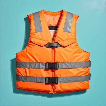 Bright orange safety vest lies flat on a vibrant teal background. Featuring reflective stripes and sturdy buckles, it's designed for buoyancy and visibility