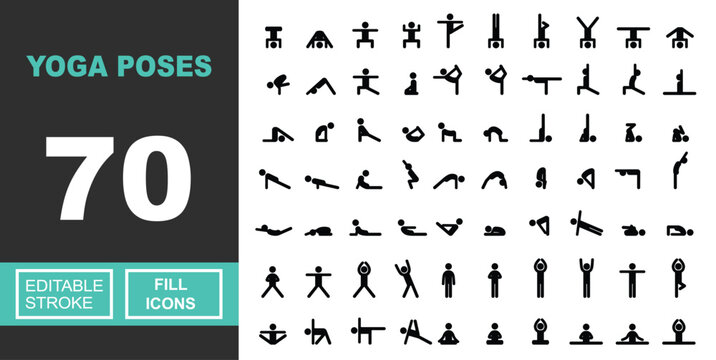 Yoga Poses fill icon set. Vector pictograms of handstand, mountain, warrior, tree, dancer, crane, dog, lunge, hero, bow, plank, cobra, bridge, staff, boat, child, goddess, triangle. Editable stroke.