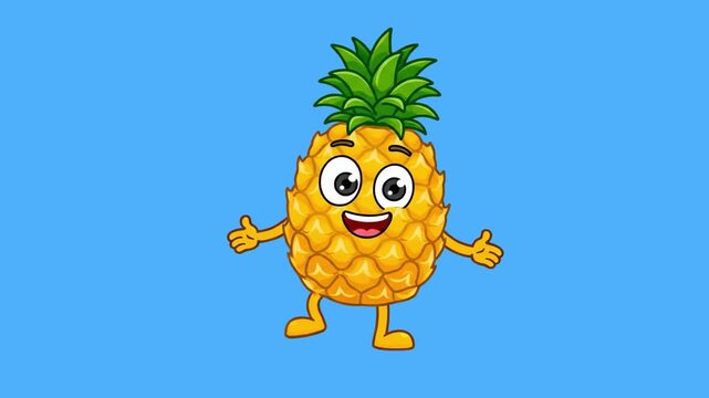 A cheerful 2D cartoon pineapple character with big eyes and a wide smile performing a fun dance routine. Isolated on a bright blue background, this asset is optimized for lip sync and is ideal for kid