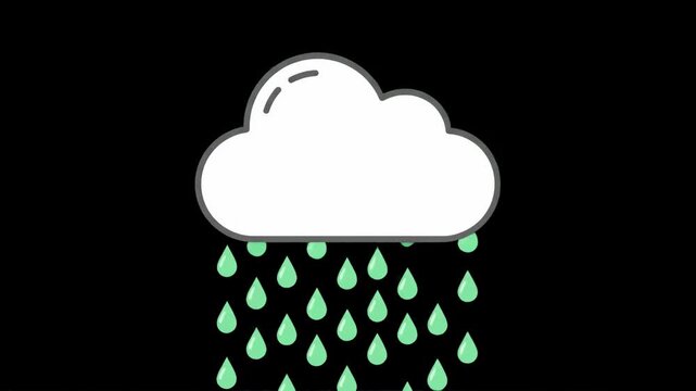 A 2D stylized animation of a white rain cloud with a continuous loop of falling green raindrops. This asset is isolated on a high-contrast black background, making it ideal for weather overlays, motio