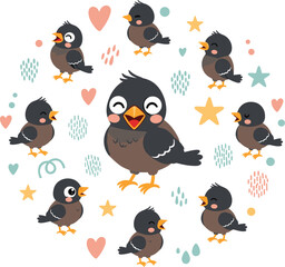 Cute bird character circle vector with cartoon chicks hearts and stars for kids nursery and playful design © AdhinChandra