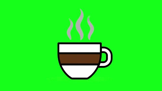 A minimalist 2D flat animation of a coffee or cappuccino cup with rising steam, isolated on a chroma key green background. Perfect for UI interface elements or cafe-themed video overlays.