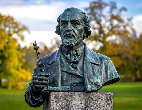 Bronze bust of a distinguished man in a suit, with beard and holding a wand-like object, set against an autumnal park