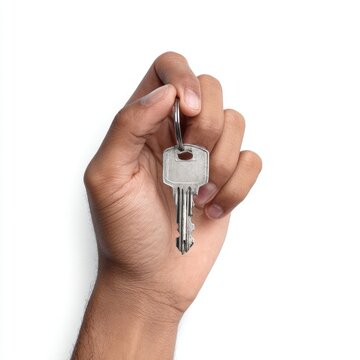 Hand holding a single silver key on a white background