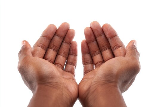 Dark skin hands cupped upwards, palms open to the viewer