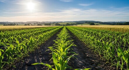 Naklejka premium Rows of young vibrant green corn plants growing in a fertile field during sunny afternoon