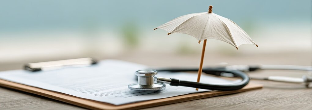 Miniature umbrella and stethoscope on paperwork signify healthcare protection