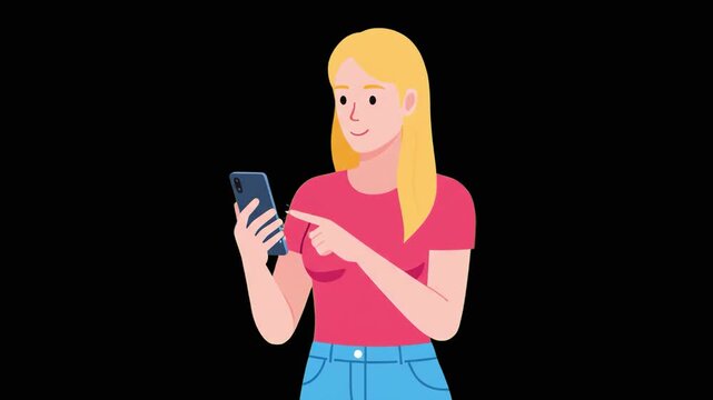 A clean 2D vector animation featuring a blonde woman character holding a smartphone and pointing at the screen. This modern flat-style illustration is perfect for app explainers, digital marketing con