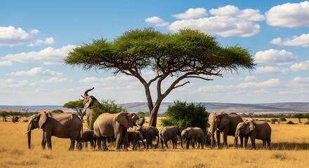 Obraz premium Small herd of elephants congregates near a lush green tree in the golden African bush