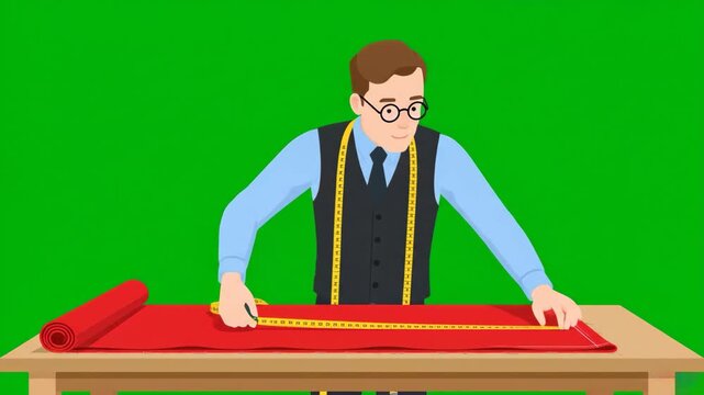 A flat design 2D vector animation featuring a professional male tailor or fashion designer measuring textile on a table against a green chroma key background. Perfect for garment manufacturing explain