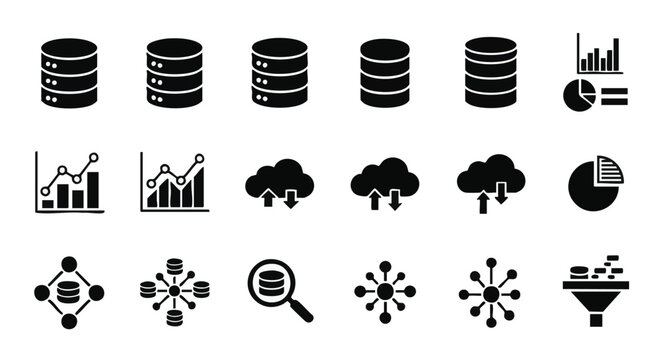 Business finance icons, 20 black data symbols, money stack, graph and chart illustrations, financial analysis vector set