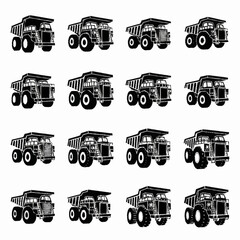Collection of mining dump trucks in various poses and angles. © azka
