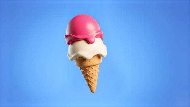 A smooth 2D/3D stylized animation loop featuring a double-layer pink and white ice cream cone spinning gently on a solid blue backdrop. Excellent digital asset for refreshment advertisements, ice crea