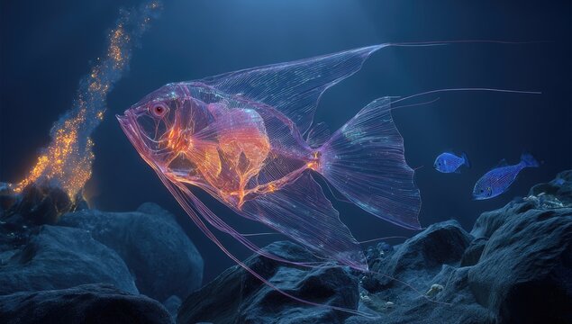 Ethereal angelfish swims near glowing underwater volcanic activity