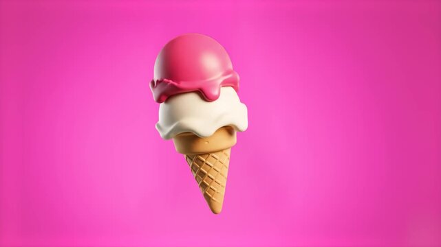 A delicious-looking 3D render of an ice cream cone with one white and one pink scoop. Set against a vibrant pink backdrop, it's ideal for summer promotions, dessert menus, or sweet shop advertisements