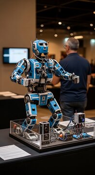 Robot on display at tech exhibition.