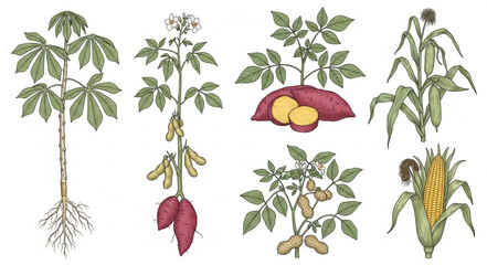 Collection of Edible Plant Illustrations Showing Roots Stems Leaves and Fruits. © Melinda