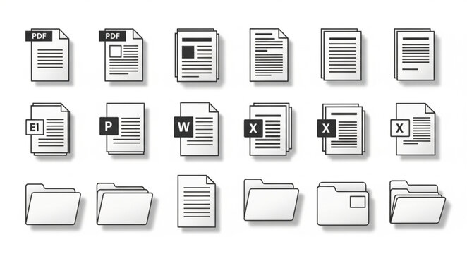 Collection of document and folder icons representing digital files.