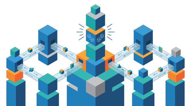 Abstract isometric data network with interconnected blocks and central processing unit.