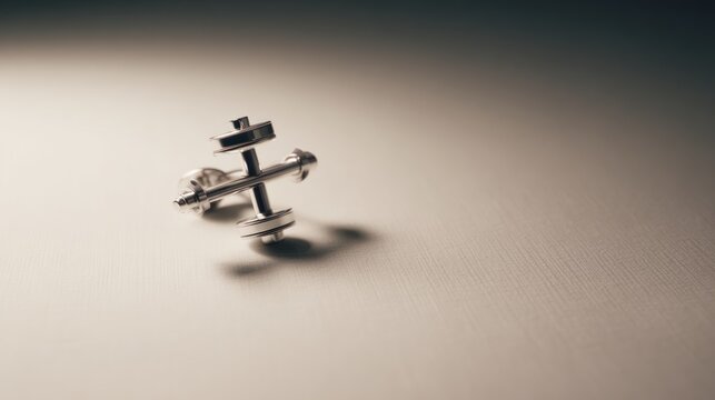 Metallic gyroscope on surface overhead view with shadow and copy space