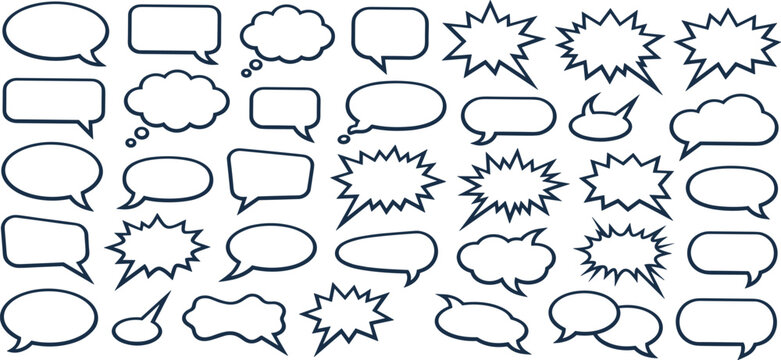 Comic speech bubbles and thought clouds set with blue outlines for creative dialogue designs