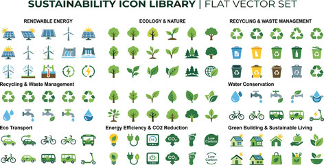Comprehensive sustainability icon library with renewable energy ecology recycling water conservation and green living symbols © MDRIFAT