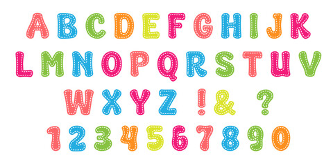 Colorful stitched alphabet and numbers vector set, playful ABC letters, kids typography font, multicolor outlined characters, educational design elements © crazy
