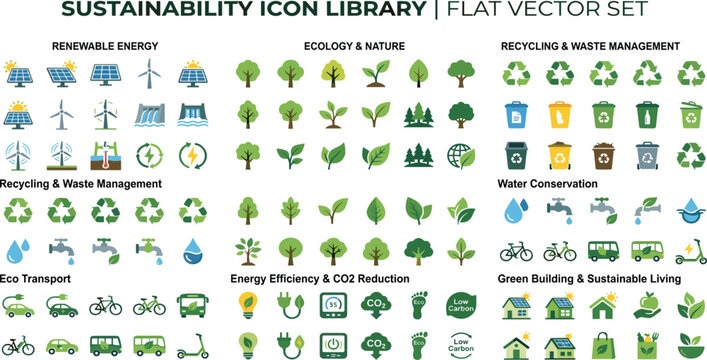 Comprehensive sustainability icon library with renewable energy ecology recycling water conservation and green living symbols