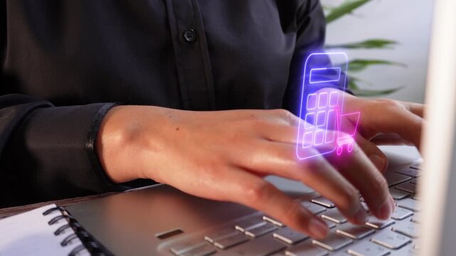Financial planning for purchases. Focus on a businesswoman's hands on her laptop with a virtual shopping cart calculator icon.