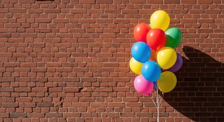 Colorful bunch of balloons against brick wall