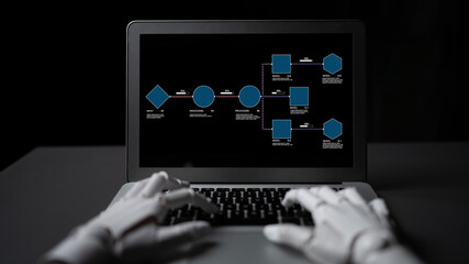 Robotic Hand Typing on Laptop Displaying Flowchart with Geometric Shapes for Technology and Business Analysis Concepts Quark. © InfiniteFlow