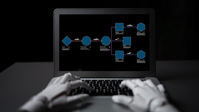Robotic Hand Typing on Laptop Displaying Flowchart with Geometric Shapes for Technology and Business Analysis Concepts Quark.