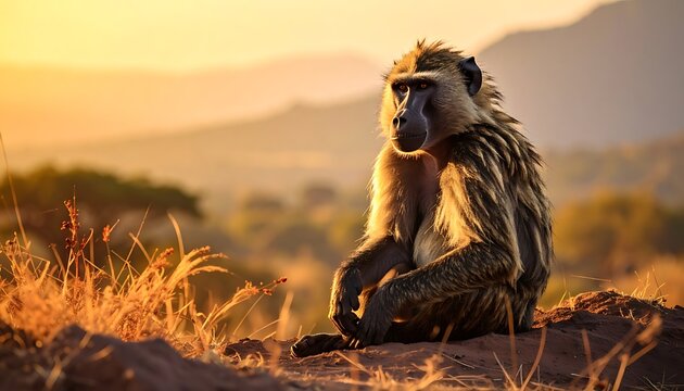 Baboon sits on a rise, bathed in warm sunlight. Hazy mountains in the distance and dry grass in the foreground