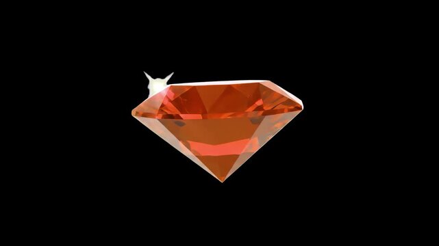 A striking 3D rendering of a faceted diamond-shape red ruby or garnet gemstone shimmering with a bright white lens flare against a deep black background. Designed for premium jewelry ads, mobile game 