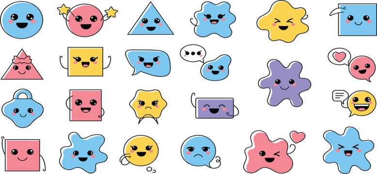 Cute Abstract Shapes Cartoon Characters Collection Featuring Colorful Blob Circle Square Triangle and Speech Bubble Faces for Kids Fun Design Stickers and Playful Illustrations