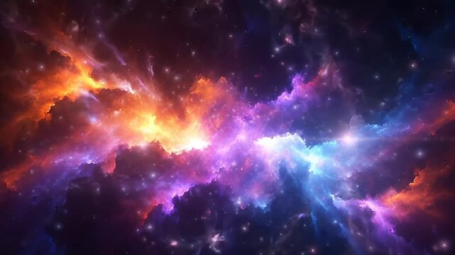 Cosmic energy swirls of violet, blue, and orange glow abstract nebula vibrant