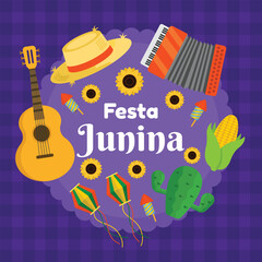 Obraz premium Festa Junina illustration with musical instruments sunflowers and traditional decorations