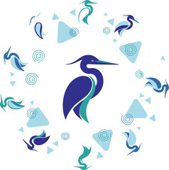 Fototapeta premium Heron bird logo circular composition vector with geometric shapes and elegant wildlife silhouettes for modern branding design