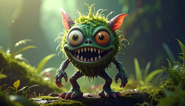 A green, furry, monstrous creature with large eyes and sharp teeth stands on a mossy surface