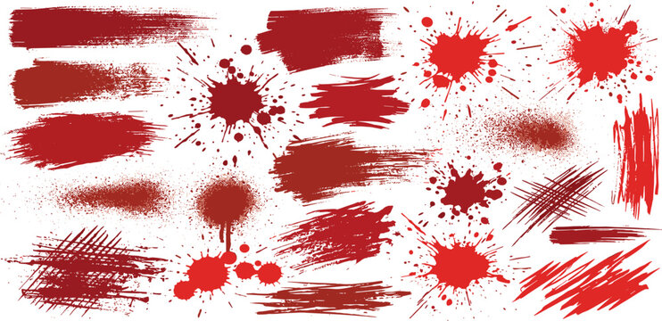 Red grunge texture set with blood splatters spray paint stains and artistic brush strokes