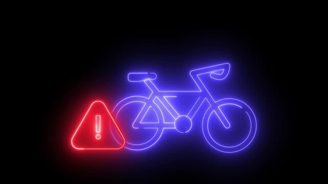 Animated icon with a neon light effect of a bicycle icon with a red warning triangle next to it. Ideal for safety, cycling, or transportation themes.